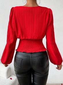 Calvaya Women's Solid Color Lace Patchwork Lantern Sleeve Shirt For New Year Clothes