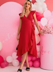 SHEIN Pregnant Women's Textured Cap Sleeves Wrap Collar Dress For Maternity - Red - View 5