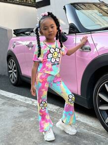 SHEIN Explorewe 年轻女孩扎染卡通印花短袖 T 恤和喇叭裤两件套 - 彩色 - 查看 6