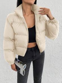 RueChic Solid Zip Up Puffer Coat - Apricot - View 3