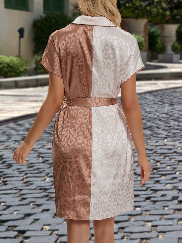 Women's Contrast Leopard Jacquard Belted Dress