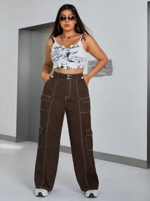 SHEIN ICON 大码对比缝线工装男友风牛仔裤 - 咖啡棕 - 查看 4