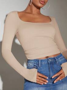 SHEIN BAE Women's Casual Solid Color Long Sleeve T-Shirt, Versatile For Winter - Khaki - View 4