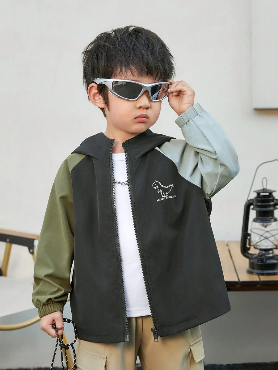 SHEIN 男童可愛恐龍圖案寬鬆色塊連帽外套,拼接款 - 灰色 - 查看 1