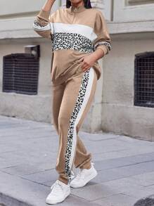 EURMUSE Women's Plus Size Leopard Print Long-Sleeved Two-Piece Set - Camel - View 3