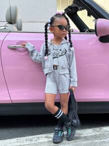 SHEIN 小女孩字母印花帽t+背心+短褲2件套裝 - 灰色 - 查看 3