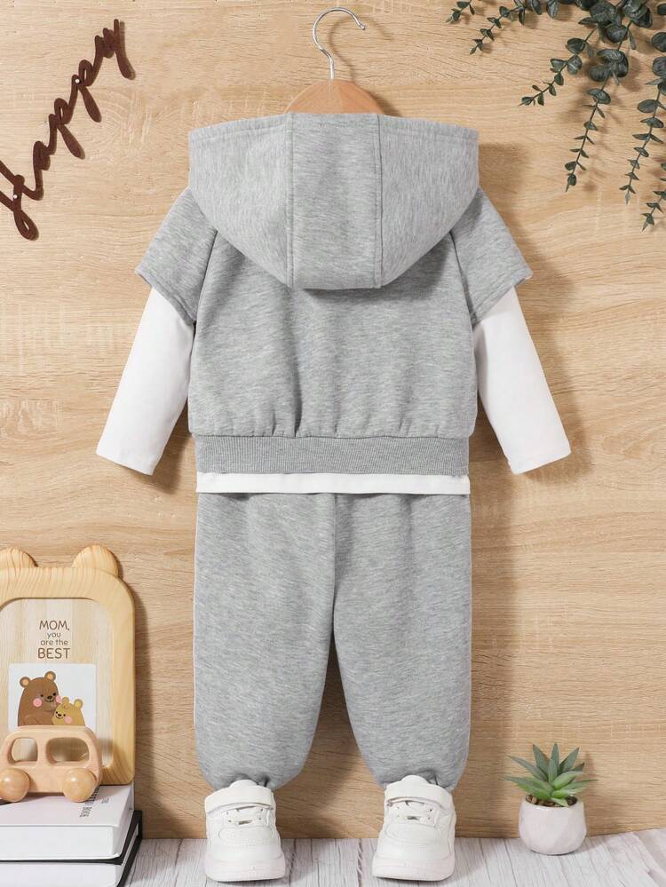Baby Boys' Letter Print High Neck Top With Inner Fleece, Zipper Hoodie And Wide Leg Pants 3pcs/set
