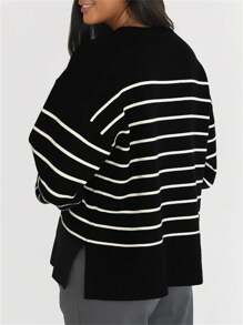 Women's Casual Round Neck Drop Shoulder Long Sleeve Striped Sweater, Autumn/Winter - Black - View 2