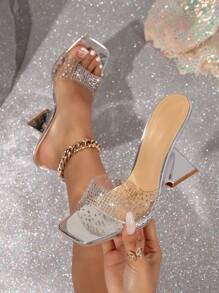 女款夏季時尚水鑽裝飾透明露趾穆勒鞋,透明金屬跟高跟鞋,適合室內外派對 - 銀色 - 查看 1