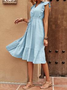 SHEIN LUNE Ladies Drawstring Waist Lace Dress - Baby Blue - View 3