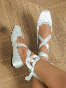 女士最新極簡風格交叉綁帶芭蕾平底鞋,適合芭蕾舞者、休閑便鞋、珍鞋,具舒適鞋墊、仿麂皮/皮革絨面布料和羅馬風格鞋帶 - 綠色 - 查看 3