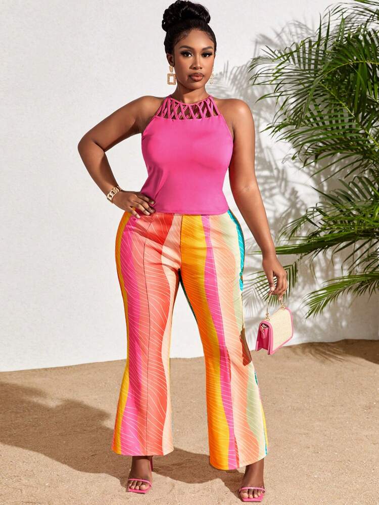 Printed Contrast Cutout Back Tank Top Set, Plus Size Off Shoulder Top Summer Sets