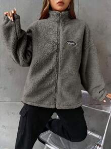 SHEIN EZwear 秋冬字母贴片落肩泰迪熊夹克