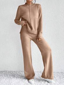 EMERY ROSE Màu thuần Áo len Hai chiếc Bộ - Lạc đà - Xem 3