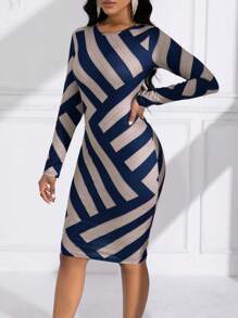 SHEIN Unity Striped High Neck Bodycon Dress Fall Cloth For Women - Multicolor - View 3