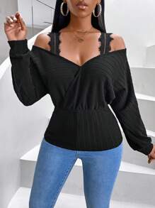 SHEIN Slayr 女款露肩羅紋長袖 T 卹 - 黑色 - 查看 4