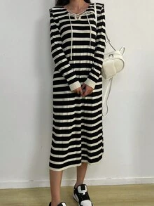 Contrasting Striped Cross Tied Collar Sweater Dress - Black - View 3