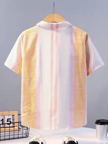 SHEIN 男孩寬鬆休閒翻領條紋短袖襯衫 - 粉色 - 查看 2