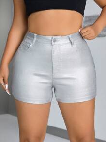 SHEIN ICON Plus Size Y2K Spodenki ze sztucznej skóry w jednolitym kolorze