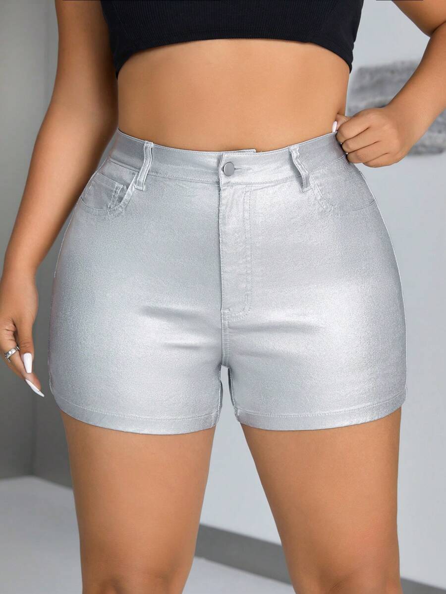 SHEIN ICON Plus Size Y2K Spodenki ze sztucznej skóry w jednolitym kolorze