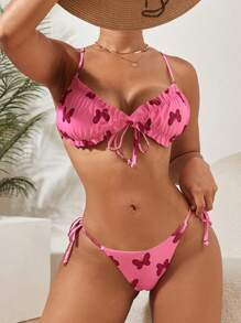 SHEIN Swim 女用蝴蝶印花繫帶比基尼套裝情人節 - 彩色 - 查看 4