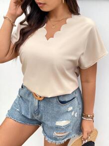 SHEIN Frenchy 大尺碼扇貝翼袖純色貝殼邊裝飾襯衫 - 杏色 - 查看 4