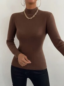 SHEIN LUNE Áo len nữ màu trơn dáng ôm, chất liệu nỉ, tay dài, kiểu áo chui đầu, thích hợp cho mùa thu đông. - màu nâu - Xem 6