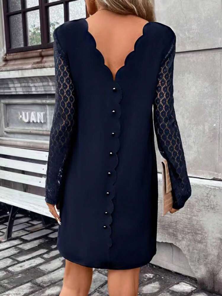 Women's Splicing Lace Straight Dress Winter Elegant Evening Dress Blue