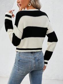 SHEIN LUNE Women's Drop Shoulder Long-Sleeved Contrast Sweater Pullover Knit Pullover Fall Winter Sweater - Black and White - View 2