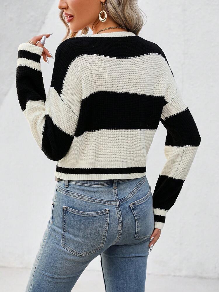 Women's Drop Shoulder Long-Sleeved Contrast Sweater Pullover Knit Pullover Fall Winter Sweater