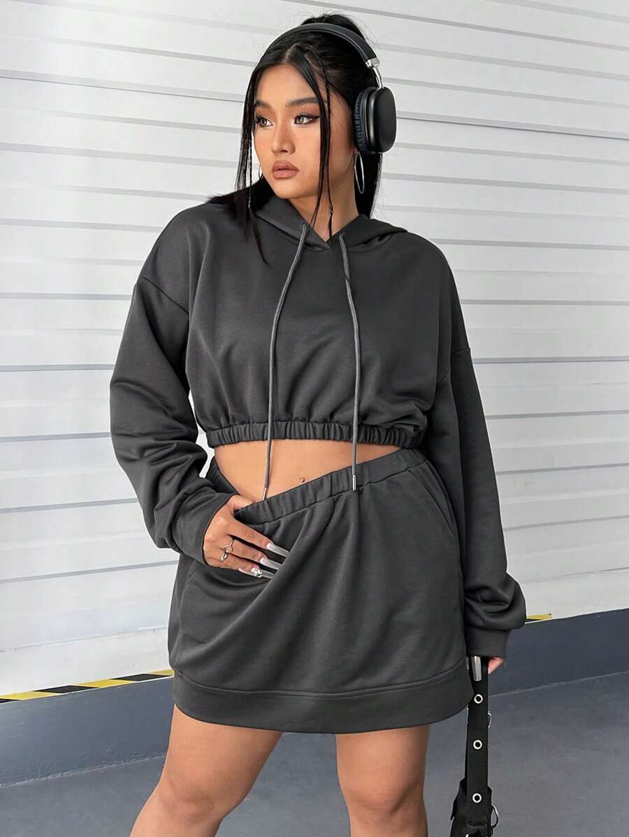 SHEIN EZwear Zweiteiliges Set Mit Kordelzug-kapuzenpullover Und Rock In Übergröße Für Damen - Grau - Übersicht 1