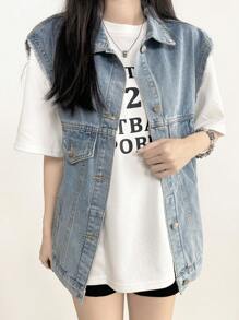 Áo vest denim cài nút phía trước thoải mái, không kèm áo lót - Rửa trung bình - Xem 3