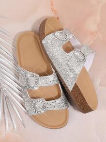 SHUZIA Giày sandal Arizona bằng gỗ bần đính đá sang trọng màu bạc bán chạy nhất dành cho nữ - Đế giày thoải mái, quyến rũ, đa năng - Bạc - Xem 2