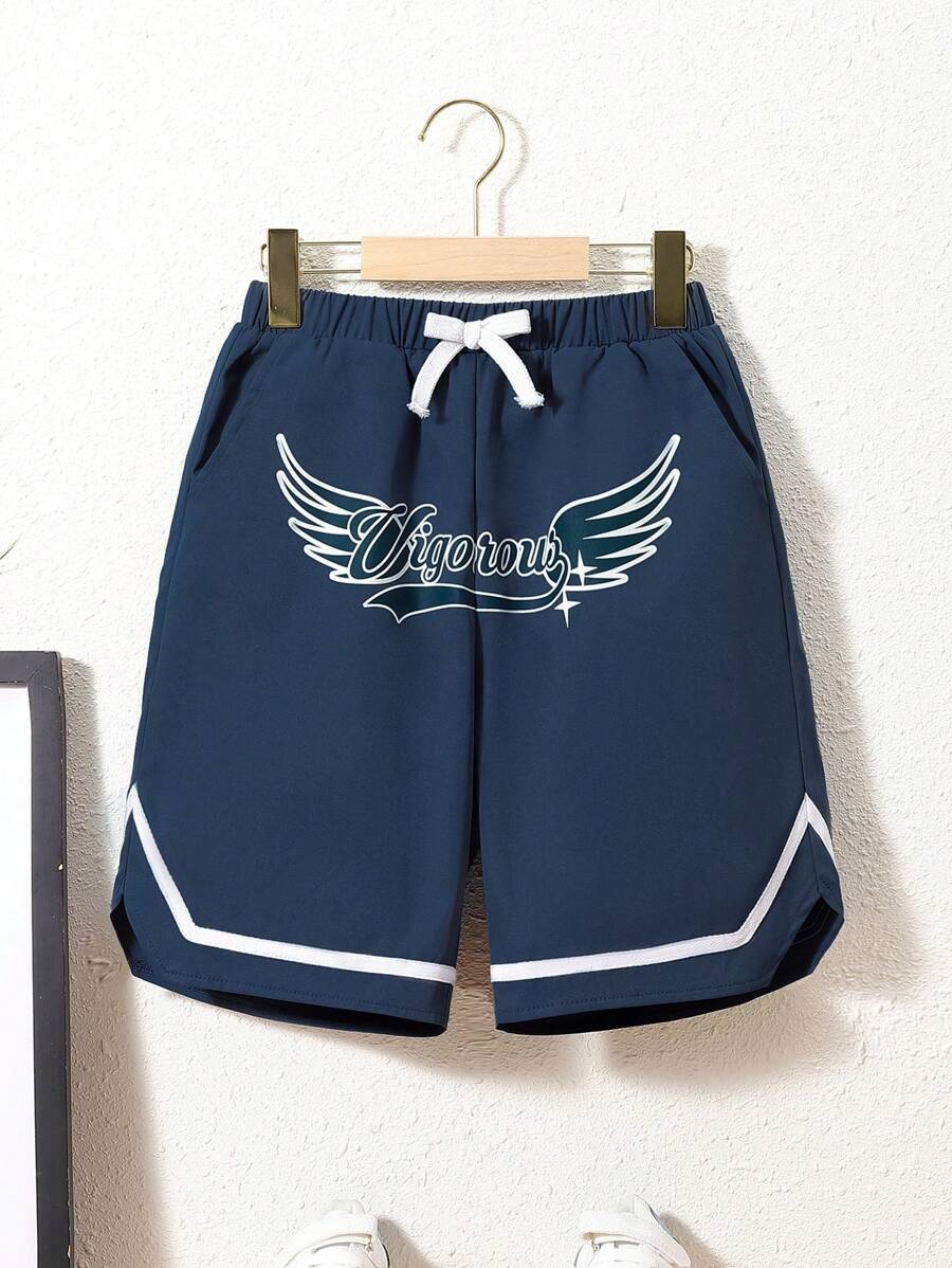 SHEIN Tween Boys' Fit Sports Woven Monogram Shorts