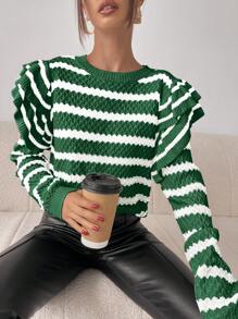 Chiquease Suéter de mujer con volantes y rayas, suéter de punto para otoño e invierno - Multicolor - Ver 5