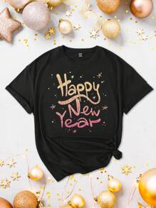 SHEIN Qutie 渐变色字母印花图案圆领短袖女式T恤 - 黑色 - 查看 1