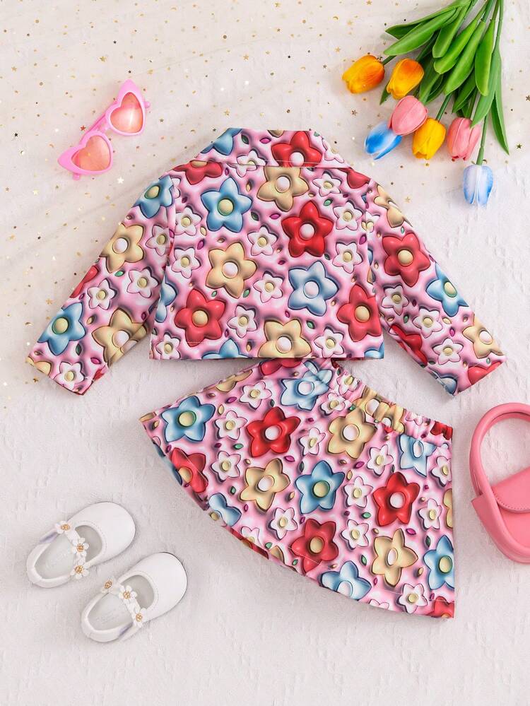 Baby Girl Cute Flower 3d Pattern Jacket + 3d Pattern Skirt + Pink Inner Suspender