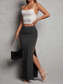 SHEIN PETITE Women'S Long Slit Skirt Maxi Skirt - Dark Grey - View 3