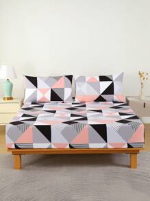 3 件套床笠套装，90 克超细纤维，几何图案，1 件床笠 + 2 个枕套 - 粉色 - 查看 5