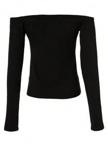 ChicMe 女士露肩长袖上衣修身基本款纯色衬衫休闲日常穿着 - 黑色 - 查看 4