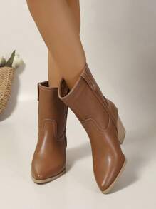Women's Elegant Mid-Calf Boots With Pointed Toe, Chunky Heel And Brown Slip-On Design For Leisure - Brown - View 3