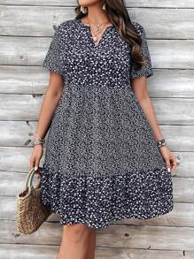 EMERY ROSE 大码女式花卉和植物印花缺口领短袖连衣裙，适合春夏季 - 藏蓝色 - 查看 1