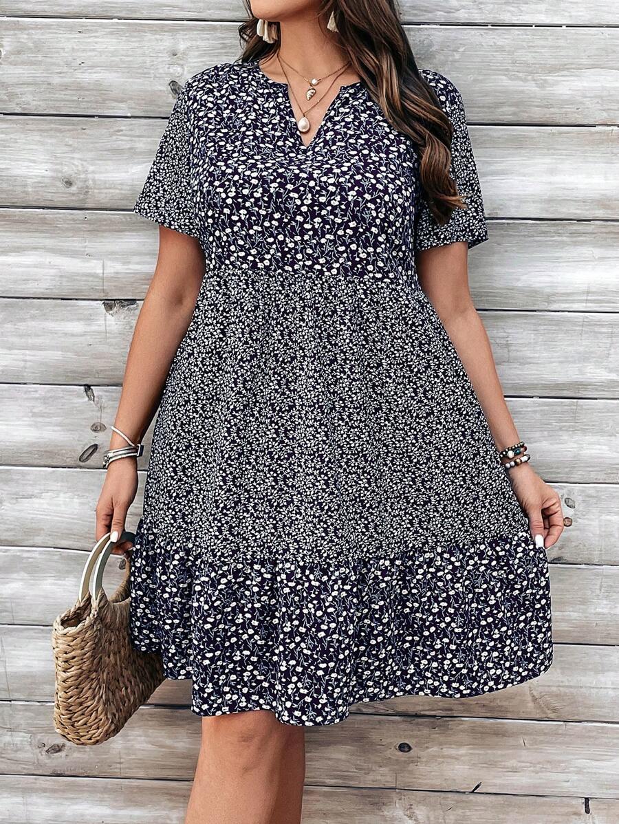 EMERY ROSE 大码女式花卉和植物印花缺口领短袖连衣裙，适合春夏季 - 藏蓝色 - 查看 1