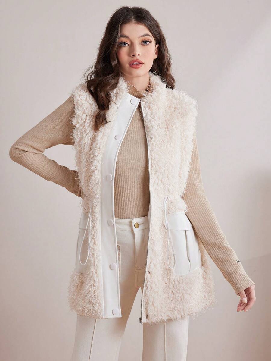 Seusyu Women'S Drawstring Waist Vest Jacket - Apricot - View 1