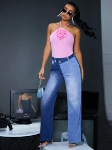 SHEIN BAE Vaqueros Regulares De Talle Medio Para Mujer - Azul - Ver 5