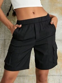 Y2K Solid Elastic High Waist Flap Pocket Cargo Shorts Daily Casual Trousers - Black - View 1
