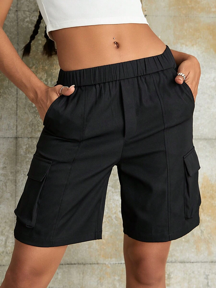 Y2K Solid Elastic High Waist Flap Pocket Cargo Shorts Daily Casual Trousers - Black - View 1