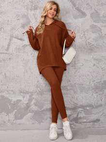 SHEIN Essnce Women's Drawstring Hooded Top And Leggings Two-Piece Set - Brown - View 1
