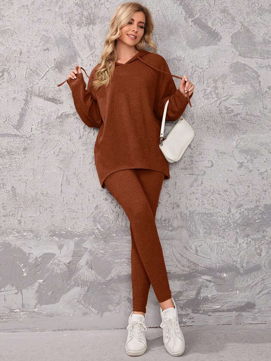 SHEIN Essnce Women's Drawstring Hooded Top And Leggings Two-Piece Set - Brown - View 1