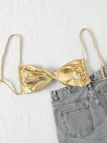 SHEIN Swim Áo bơi xoắn kim loại cho nữ - Vàng - Xem 2
